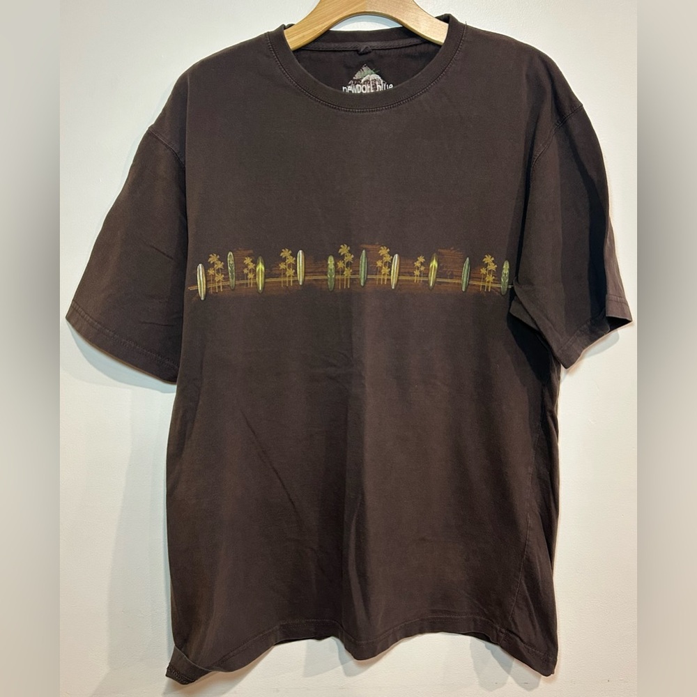 Newport Blue Mens Brown T-shirt Size XL Surfboards And Palm Trees 100% Cotton